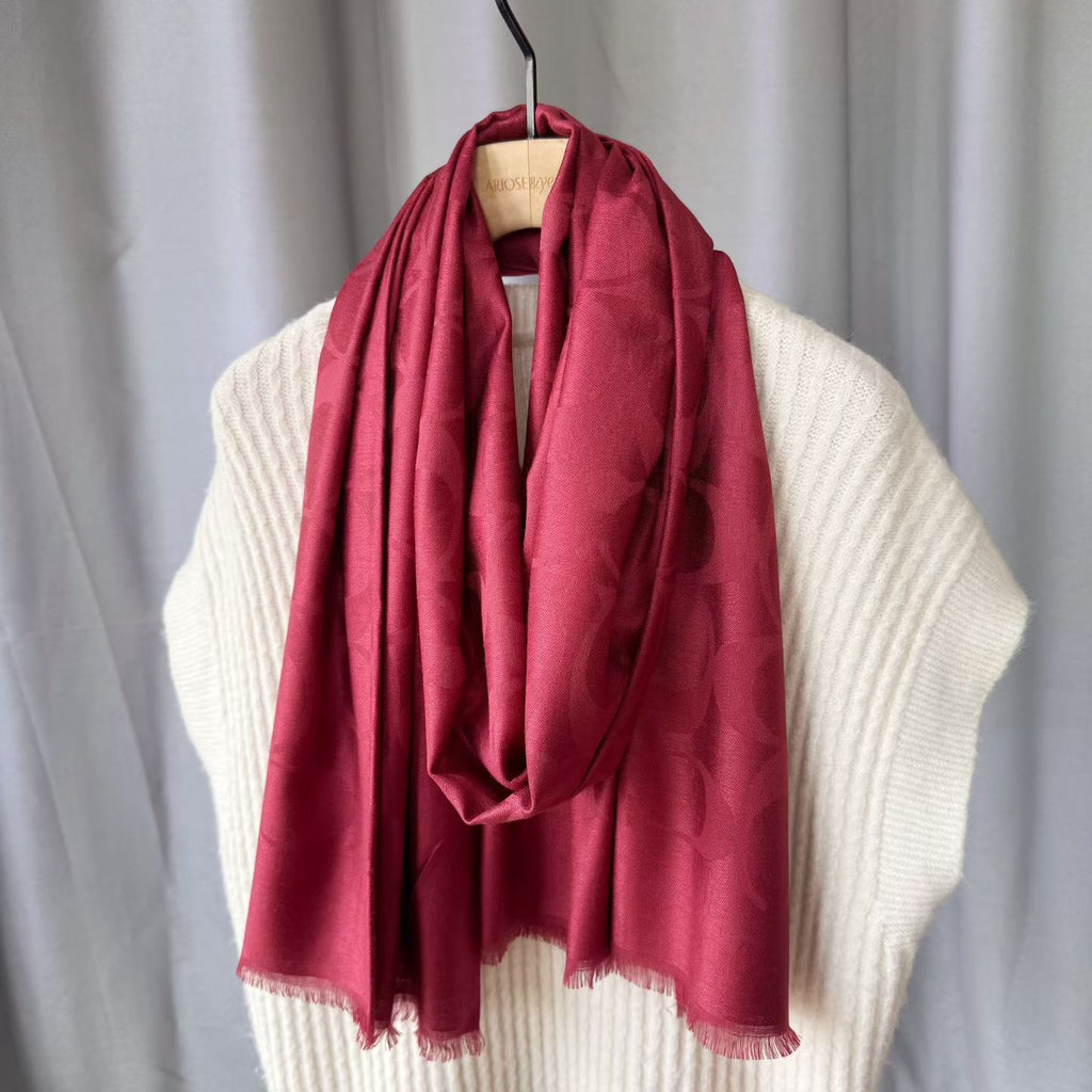 Signature C Oblong Scarf in Lyocell-wool Blend cherry red